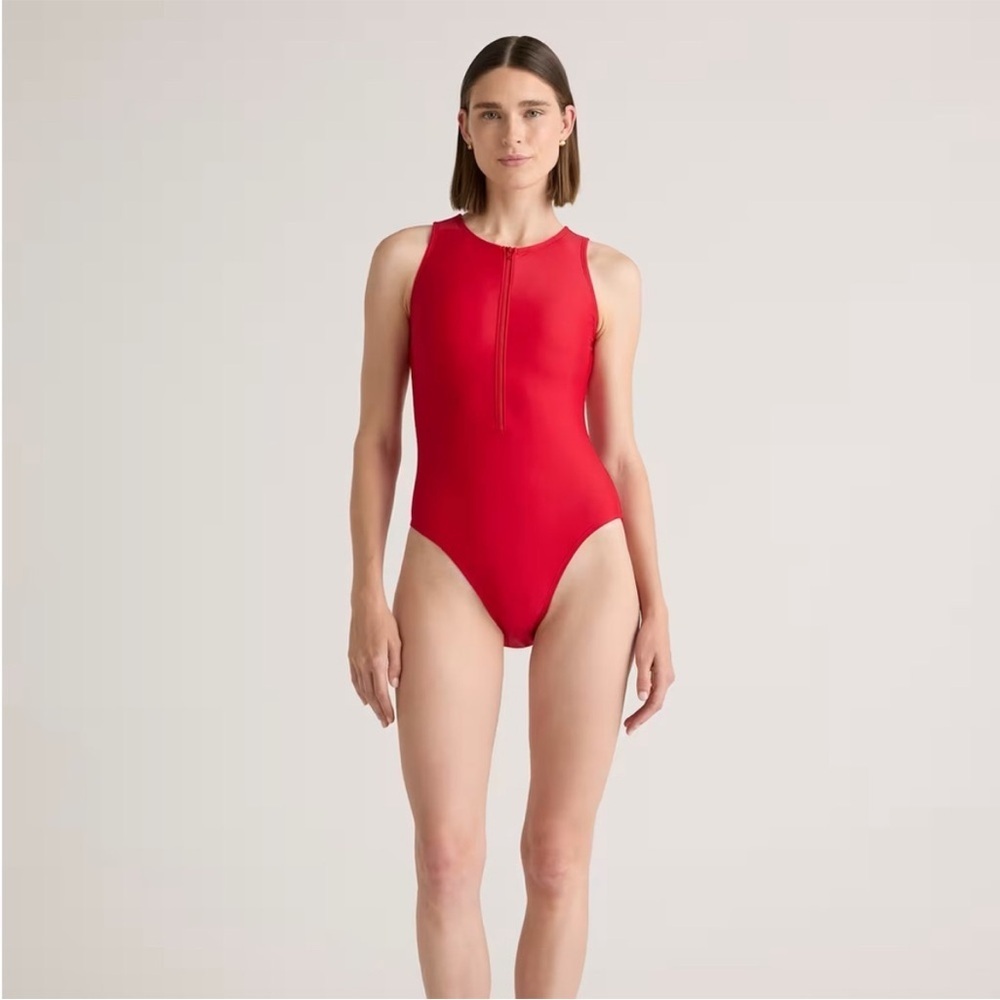 Quince Italian Zip-Front One-Piece Swimsuit in Cherry Red Sz XS